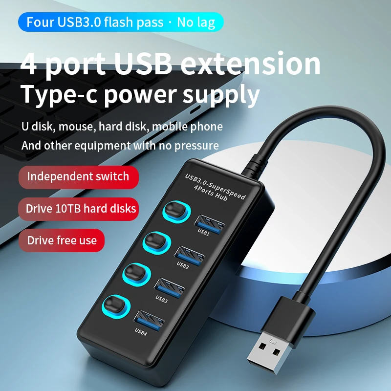 4 Ports USB 3.0 Hub High Speed USB Splitter With Independent Switch USB Extender For Laptop PC U Disk Mouse Keyboard 5Gbps Data
