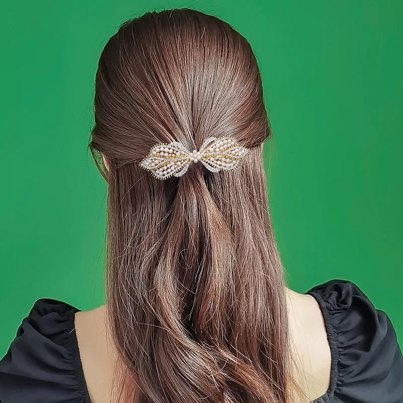 Korean version pearl bow rhinestone spring hair clip top clip horizontal clip elegant temperament mom fashion hair accessories