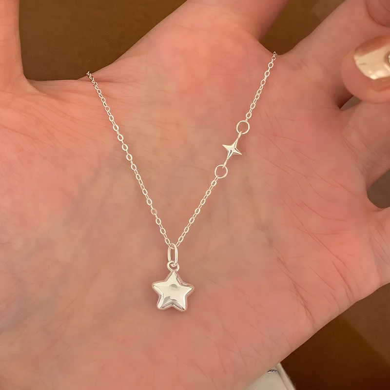 Cute Sweet 925 Sterling Silver Three-dimensional Five-pointed Star Pendant Necklace for Woman Collarbone Chain Jewelry Accessory