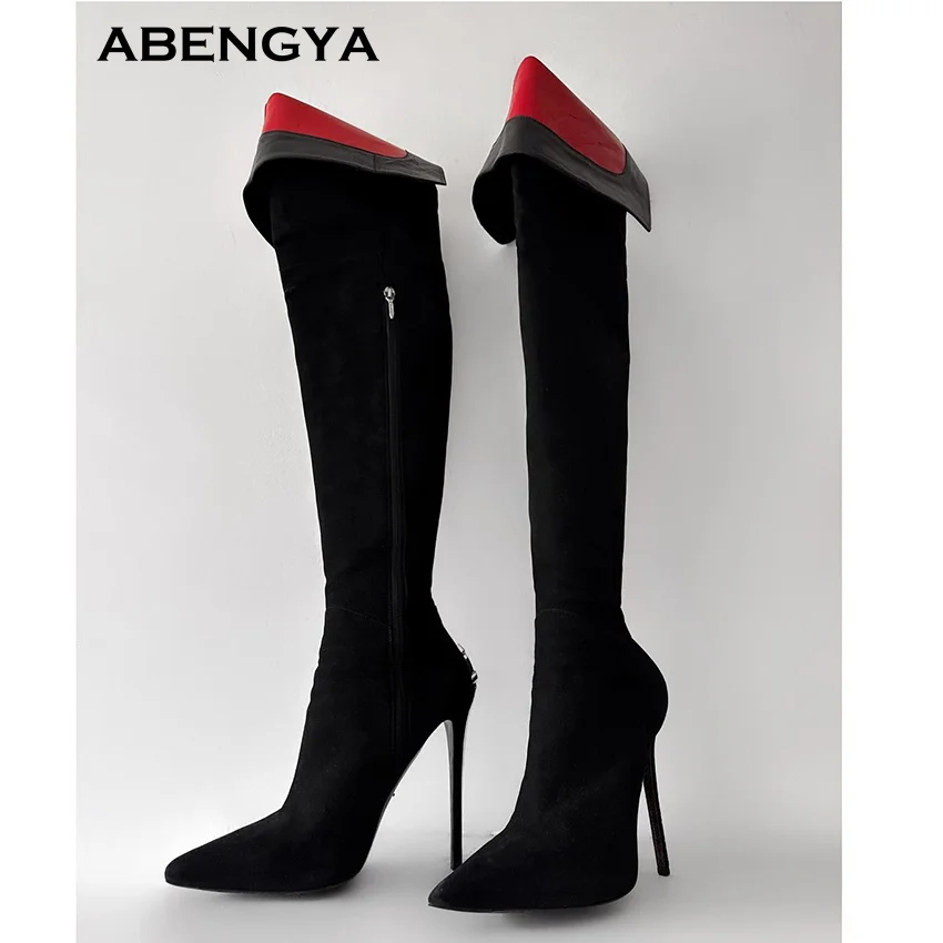 2025 جديد جلد الغزال الأسود فوق الركبة أحذية النساء مدبب تو مصمم المعادن عالية الكعب أحذية طويلة حفلة الفخذ أحذية عالية للنساء #6