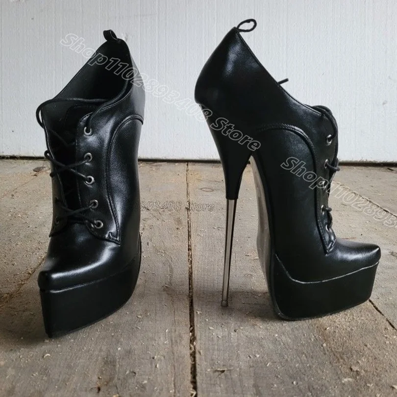 

Black Metal Heels Lace up Pumps Stiletto Matte Leather Spring British Style Women Party Personality Pumps Zapatos Para Mujere