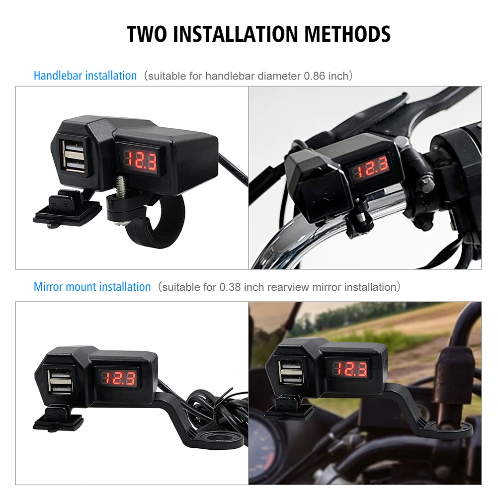 

1 Set 3.4A Motorcycle Usb Dual Port Fast Charging Adapter Voltmeter For Phones Durable Easy Install Square Motorbike