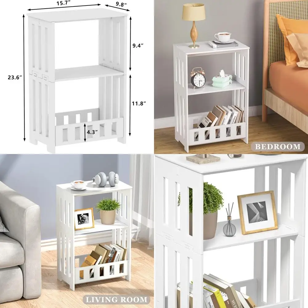 

Compact 3-Tier Display Stand, Slim End Table with Shelf, Mini Bookshelf, Modern Storage Side Table for Rooms in White