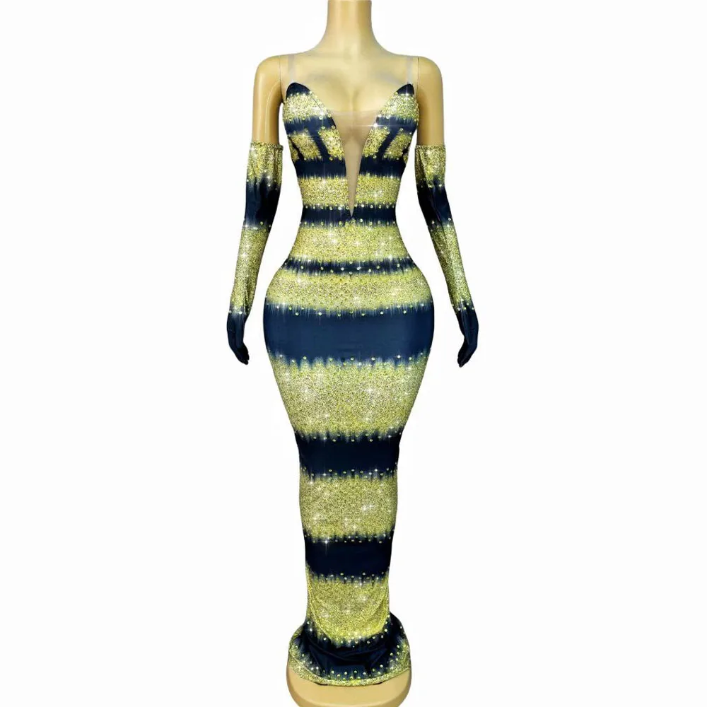 Sexy novo elegante piscando ouro strass luvas vestido fora do ombro vestido de baile de noite feminino tapete vermelho roupa de palco