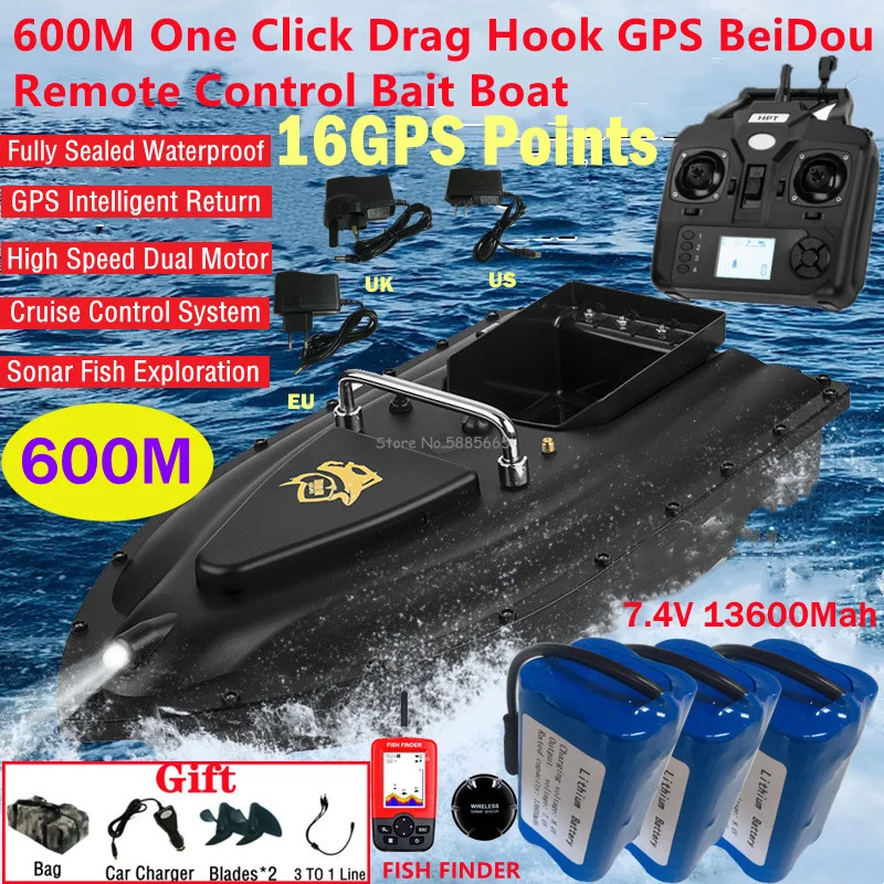 600M 16 GPS Auto Return Remote Control Fishing Boat 2.4G Lighting Smart Sonar Waterproof Cruise Control High Speed RC Bait Boat