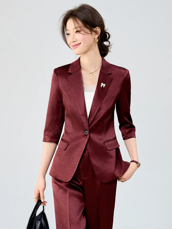 

Elegant Acetate Satin Career Women's Suit Set Spring Summer New Style Waist-Cinching OL Pure Color Commute Small Western Wear