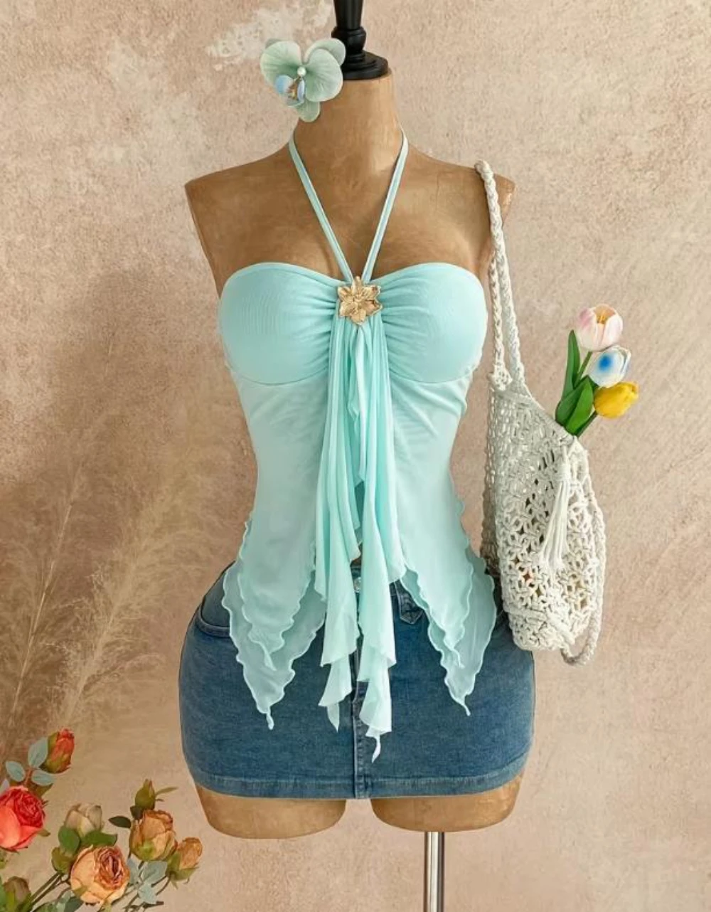 2026 Summer New Baddie Style Irregular Hem Mesh Hanging Neck Top Sexy Slim Metal Decoration Sleeveless Women's Vest Top