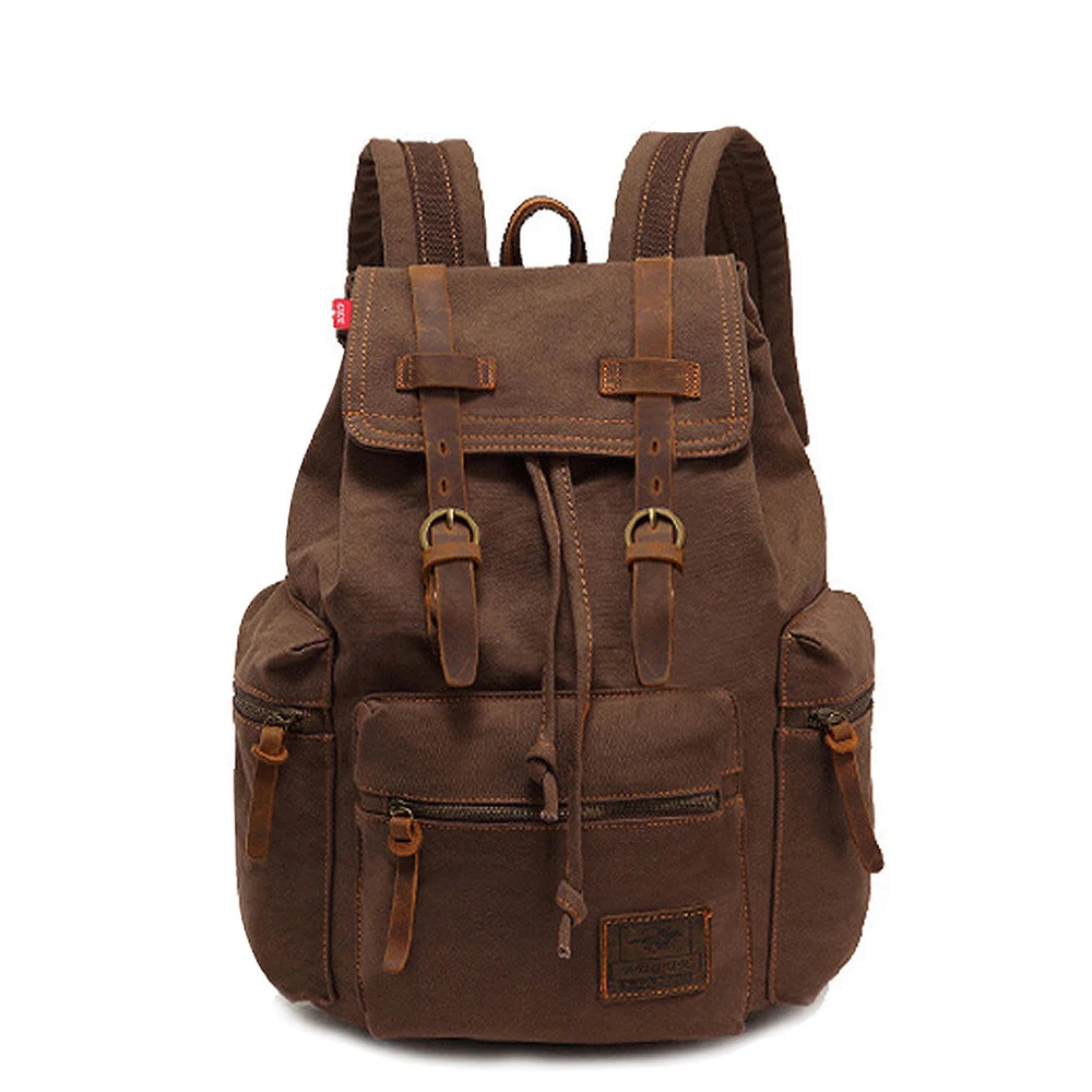 CFUN YA Vintage Canvas Men 14 Inch Laptop Backpack with Drawstring Flap Closure Side Pockets and Cotton Lining for Daily Travel