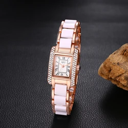 LANCARDO Imitated Ceramic Rectangular Women's Watch Waterproof Easy-to-Read Digital Quartz Splicing White Rose Gold Women Watch