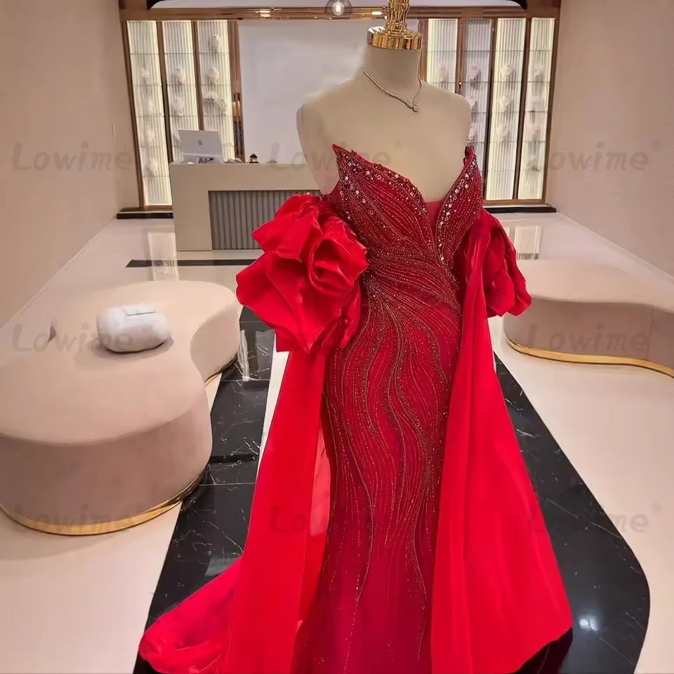 

Red Mermaid Prom Dresses Customized Arabic Evening Gowns With Detachable Train Formal Occasion Party Dress Vestidos De Fiesta