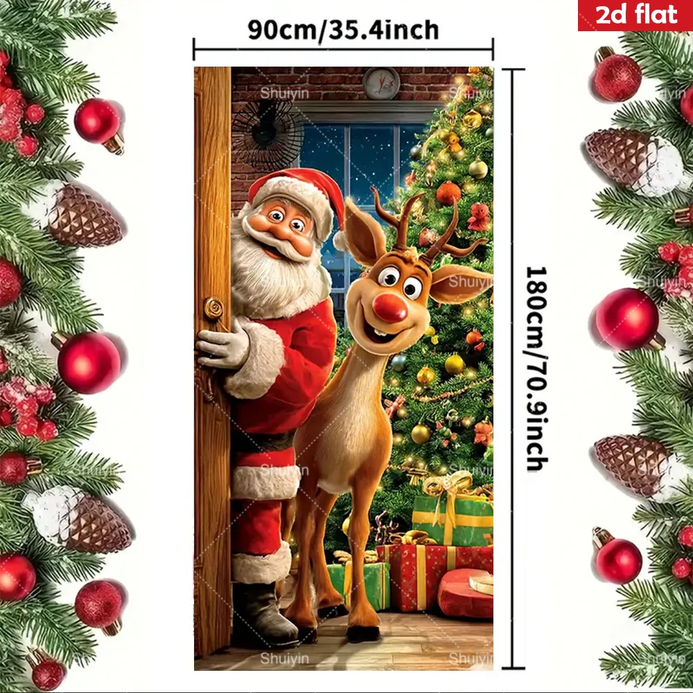 1Pc Santa Claus 2D Door Banner Merry Christmas Party Decor for Indoor Outdoor Front Door Home Wall New Year Eve Backdrop Curtain view 2