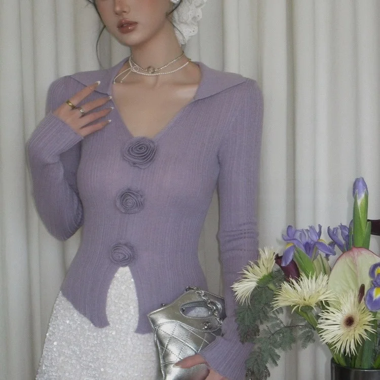 

Ele Фиолетовая вязаная основа irt, весенняя коллекция, воротник-стойка, женский модный уникальный топ, яркий вискозный топ из спандекса