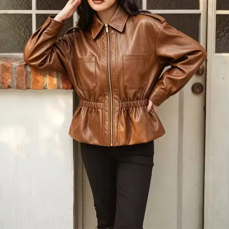 Guobioziy 2026 Women's New Two Tone Fitted Leather Jacket Stylish and Versatile Elegant and Graceful Casual and Simple