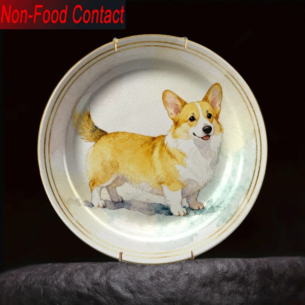 1pc Welsh Corgi Ceramic Decorative Plate - Non-Food Contact Tabletop Art with Cute Corgi Dog Design, Elegant Round Home Decor