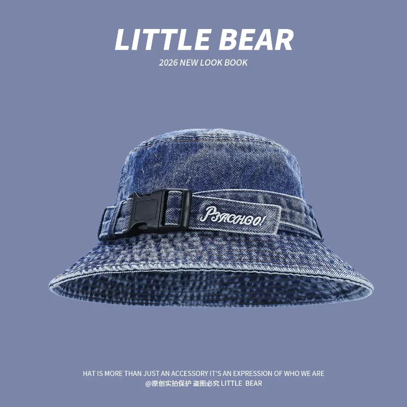 Niche Buckle Belt Design Denim Bucket Hats for Women Summer Travel Fashion Sun Protection Versatile Trend Basin Caps Men