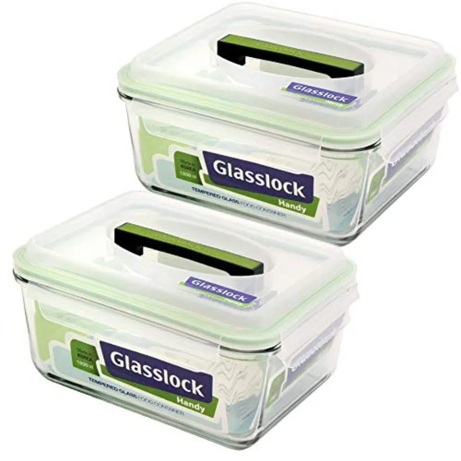 

Airtight Anti Spill Rectangular Handy Food Container Set of 2 for Meal Prep Office Travel and Storage Tempered Glass 1800ml 7.6