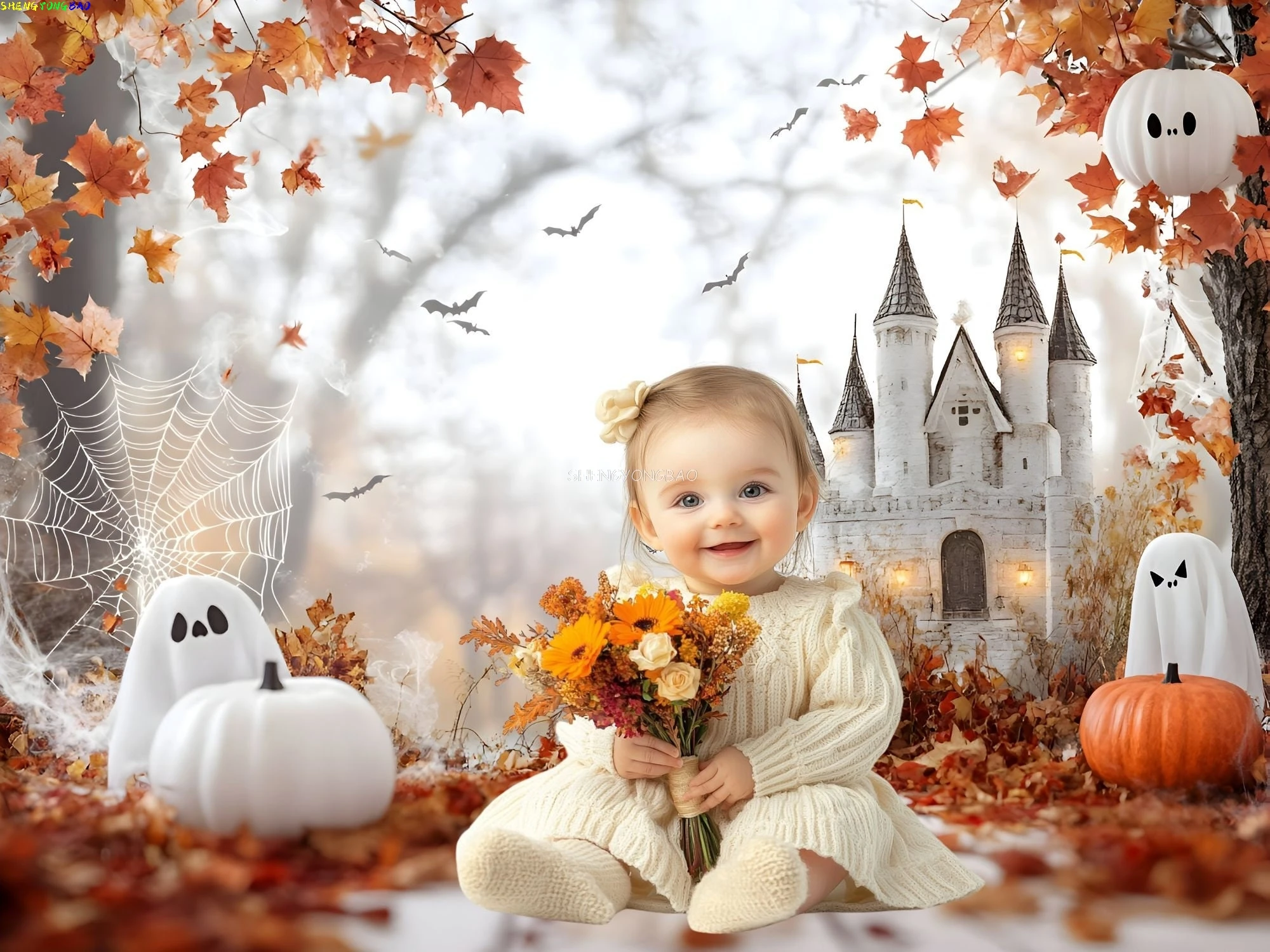 Halloween Day Spooky Backdrop lanterns Cobwebs Creepy Vanity Filled Wicked Eerie Evil Scary Dark Night Forest Background OA-04