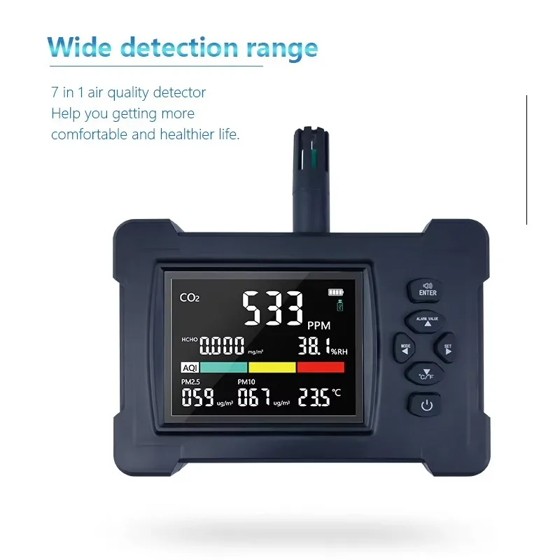 7-In-1 Air Quality Monitor Multifunction Detector for TVOC HCHO PM CO2 Temperature and Humidity with Data Transfer to PC