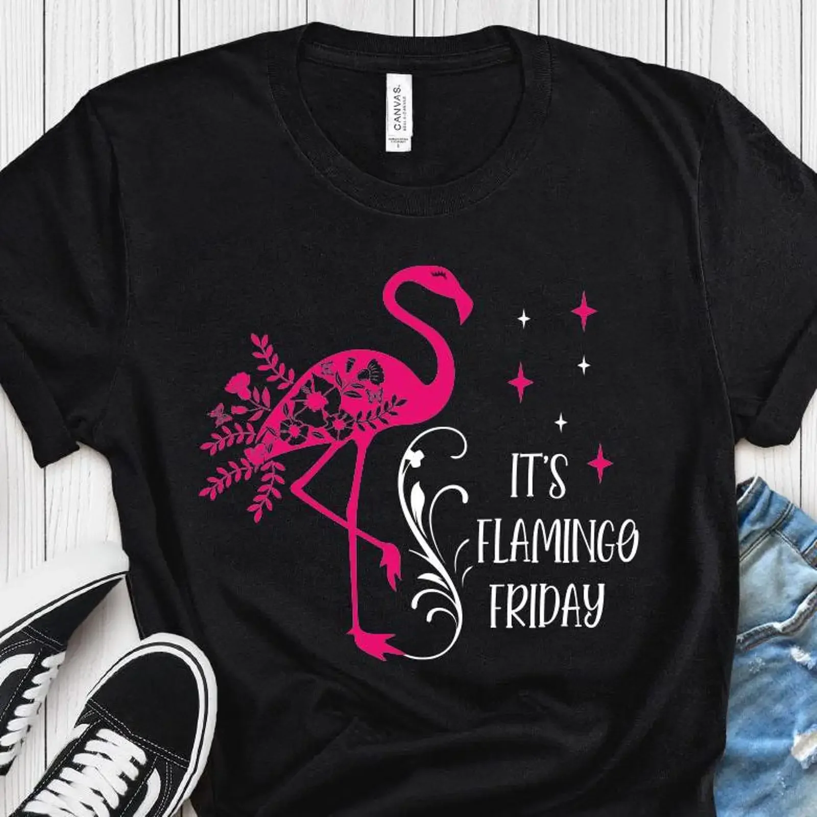 Flamingo Friday T-Shirt von Bella Canvas, Vintage-Look, bequeme Designerkleidung, Stretch-Streetwear für Herren, leicht unisex.