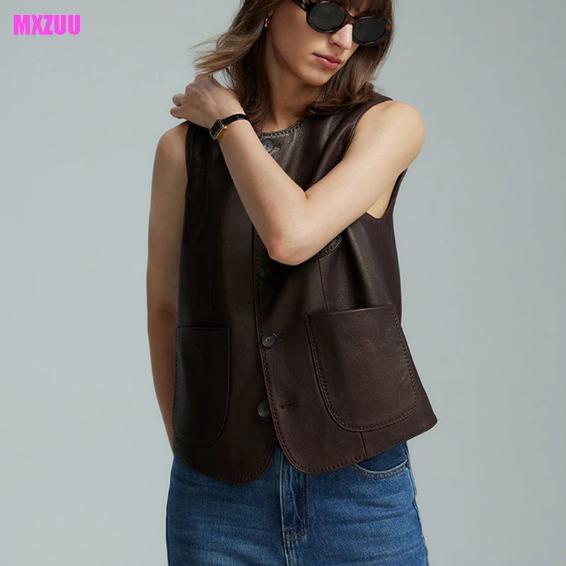 Women's Sleeveless Vest High Quality Litchi Stria Sheepskin Vintage O-Neck Gilet Dames Top Overlapping Coat Leather Jacket Trend