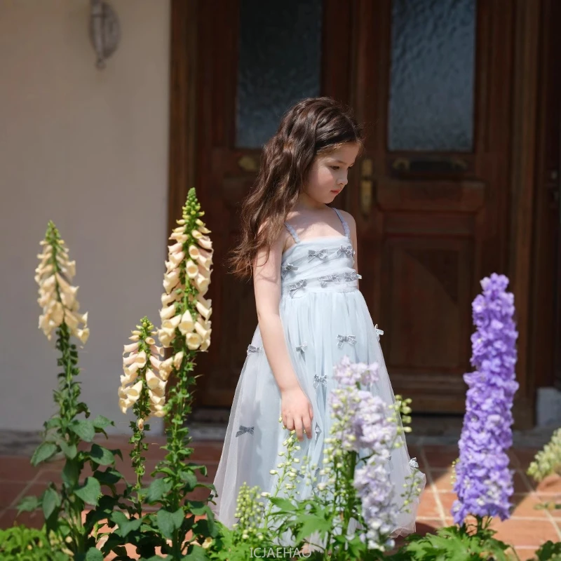 

Party Dress Cute Girls Strapless Princess New Bow French Girl Formal Costume Summer Style Tulle Gown Kids Outfit Elegant Flower