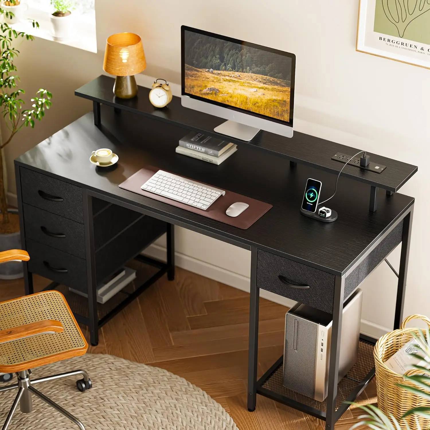 

55 inch Computer Desk with 4 Drawers, Gaming Desk with LED Lights & Power Outlets, Home Office Desk with Large Storage Space fo