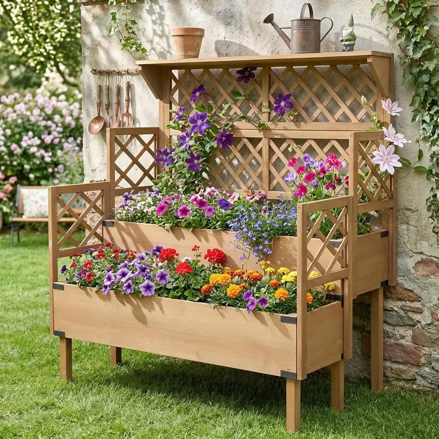 Raised Garden Bed with Trellis, 2-Tier Elevated Planter Box, Wooden Outdoor Planter for Vegetables Herbs Flowers, Lattice Back f