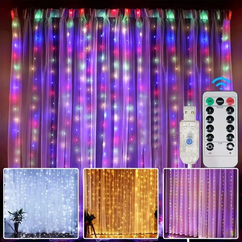 USB Plug Curtain LED String Lights Christmas Decoration with Remote Control Holiday Wedding Indoor Bedroom Home Party Lights