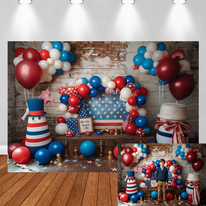 

LS Photography Background Independence Day Arch Red Blue Balloon Top Hats Star Stripes Decor Adult Kids Portrait Photo Backdrop