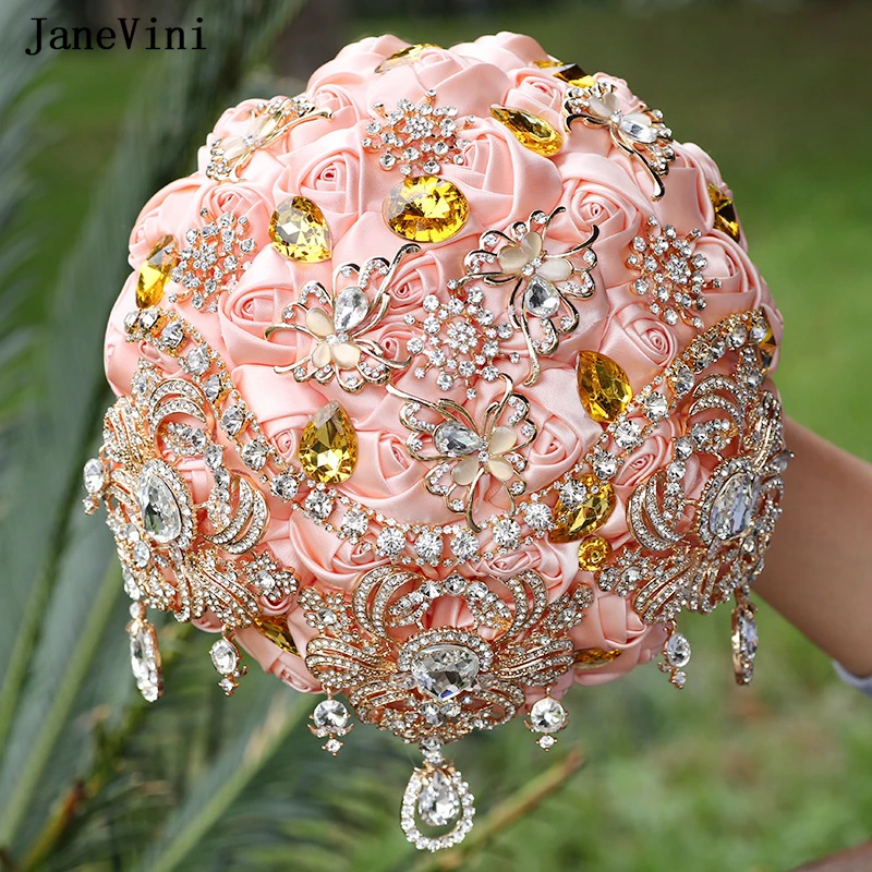 

JaneVini Luxury Diamond Light Pink Flowers Butterfly Brooch Bridal Bouquets Artificial Satin Roses Gold Jewelry Wedding Bouquet