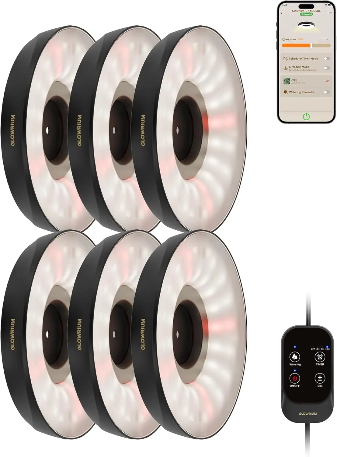 

Full Spectrum Indoor Plant Grow Lights, 48W with Manual & APP Control, Auto-Timer, Dimmable for Shelves (6 Packs, Black)