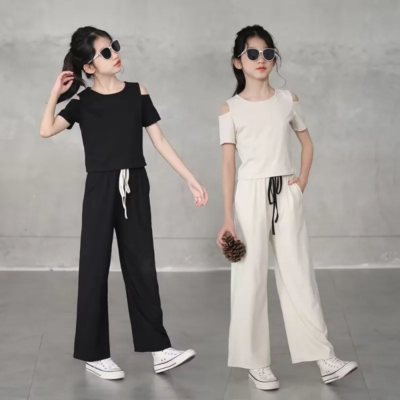 Girls Casual Sets Summer Fashion Trendy Shoulder Wide Leg Pants Children Fashion Student Clothes Off Shoulder Set Design 12 Year