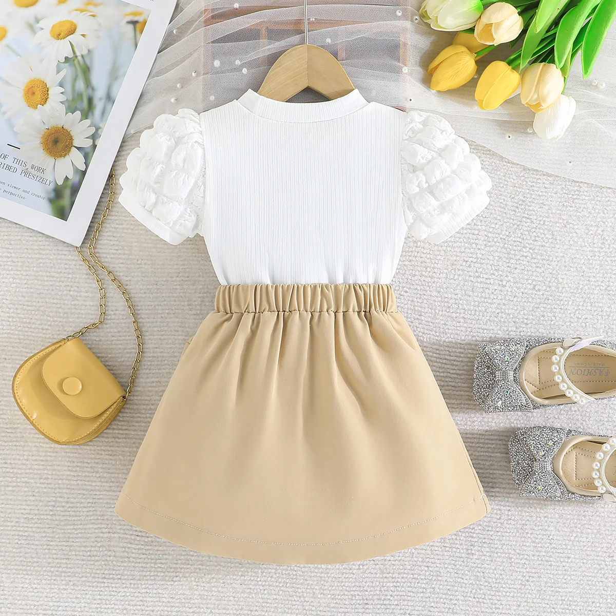 Terno For Kid Girl  Puff Sleeve Blouse and Elastic Skirt Summer Outfit Toddler Infant Clothing Set Kids Wear Ootd For Baby Girl