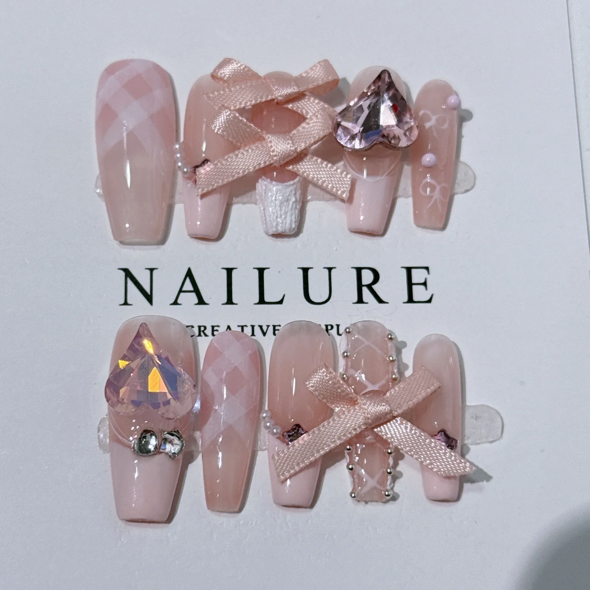 

10Pcs French Handmade Press on Nails Long Coffin Fake Nails with Bow Wearable Stick-on Nails Pink Rhinestone Love False Nail 네일팁