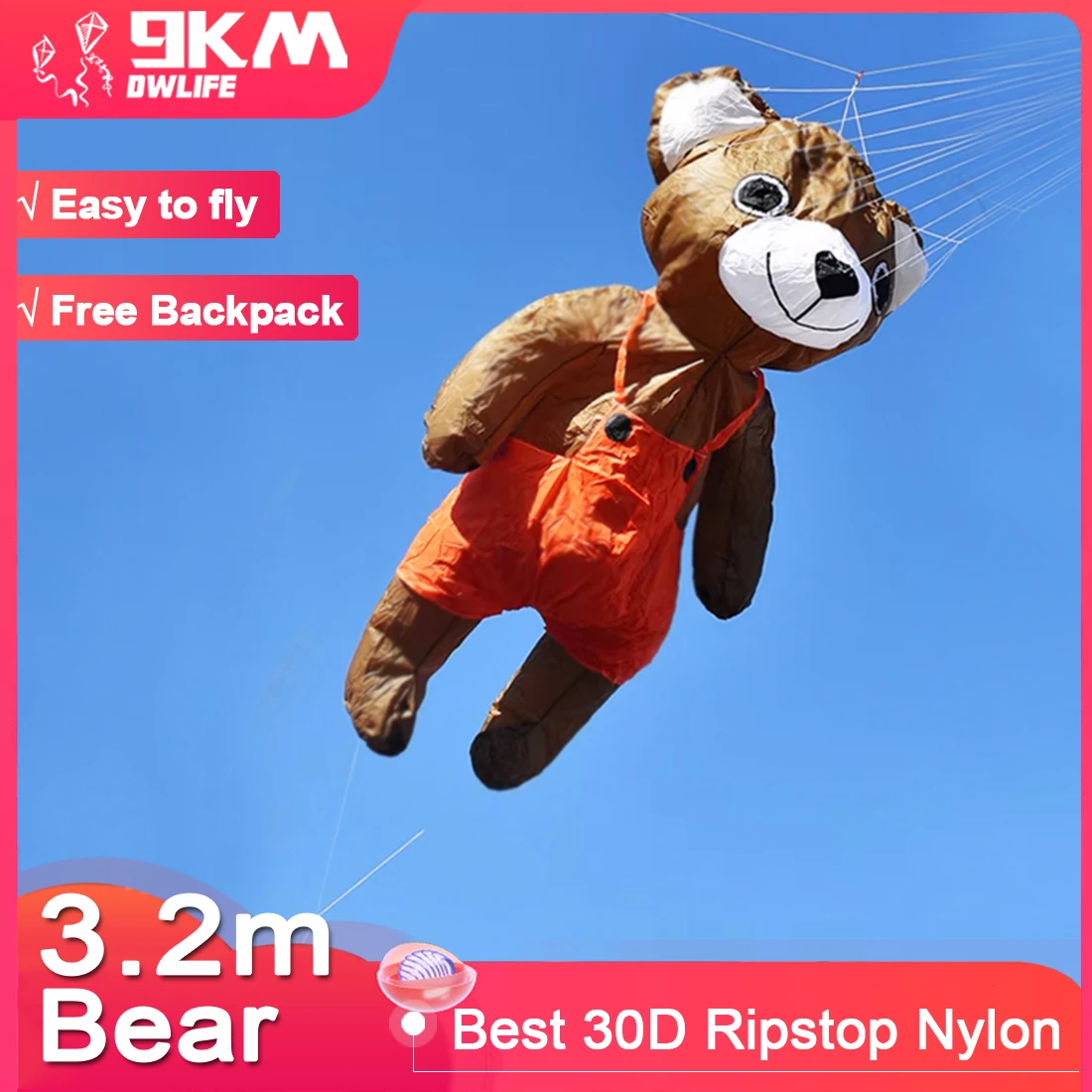 9KM 3.2m Bear Kite Line Laundry Pendant Soft Inflatable Show Kite for Kite Festival 30D Ripstop Nylon Fabric with bag