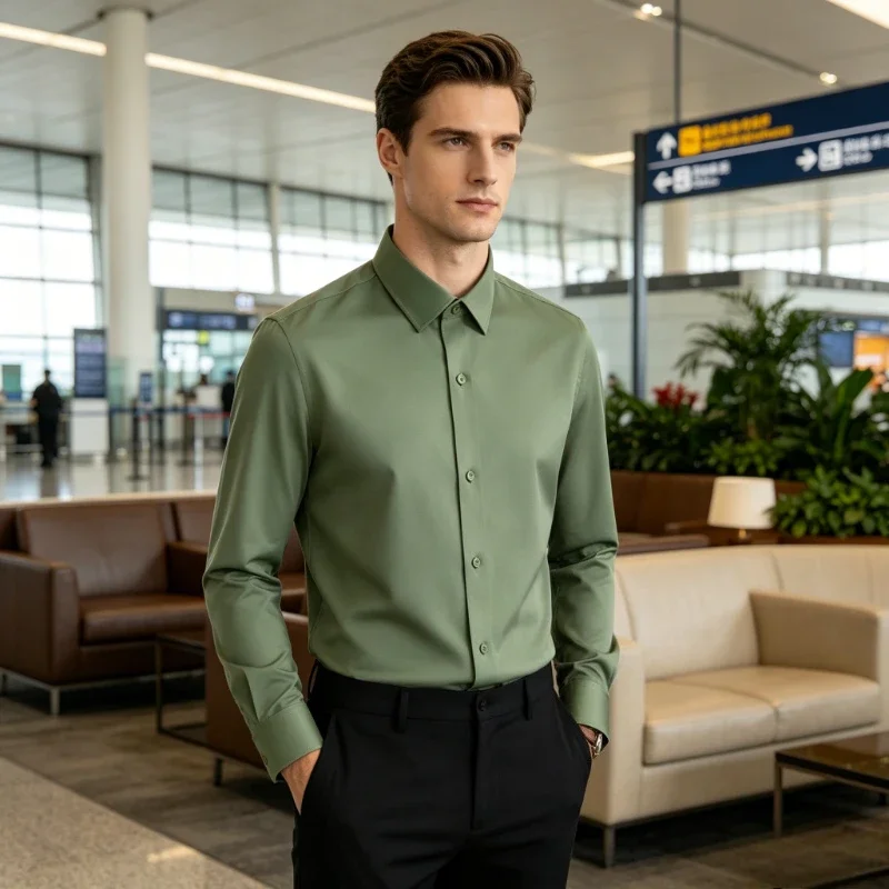 2026 Long Sleeve Elastic Male Formal Solid Regular Fit Business  Without Front Pocket Stretch Wrinkle Free Men Dress Shirts