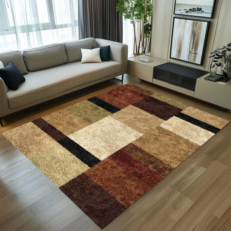 Soft NonSlip Geometric Carpet Brown Beige Patchwork Area Rug for Living Room Bedroom Easy Clean Modern Home Floor Decor