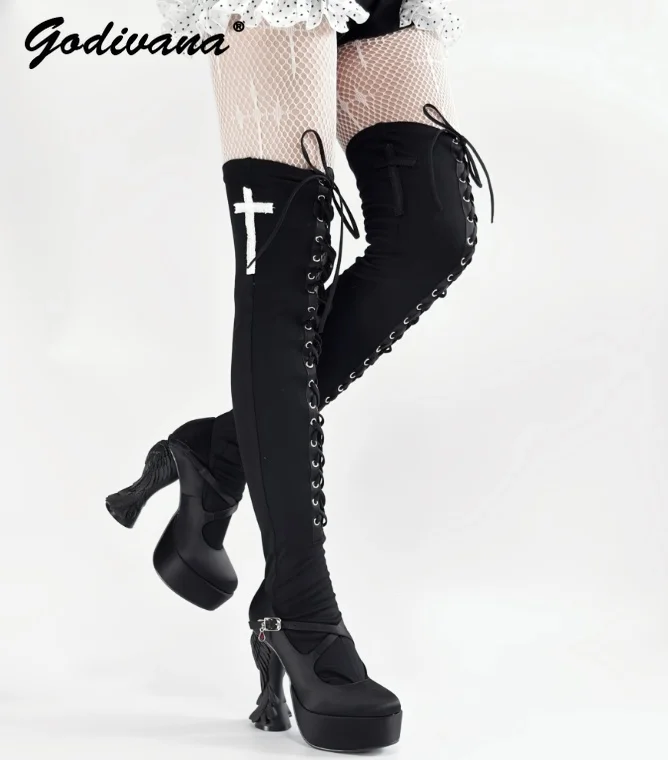 Original Dark Punk Cross Strap Over-the-knee Socks Subculture Black and White Strappy Stockings Y2k Cool Tights