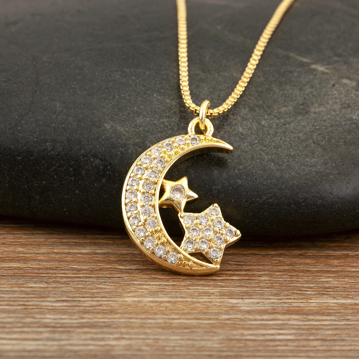 AIBEF Moon&Star Shaped Necklace 2 Designs Fully Crystal Copper Zircon Jewelry Pendant Party For Women Birthday Gift Daily Wear
