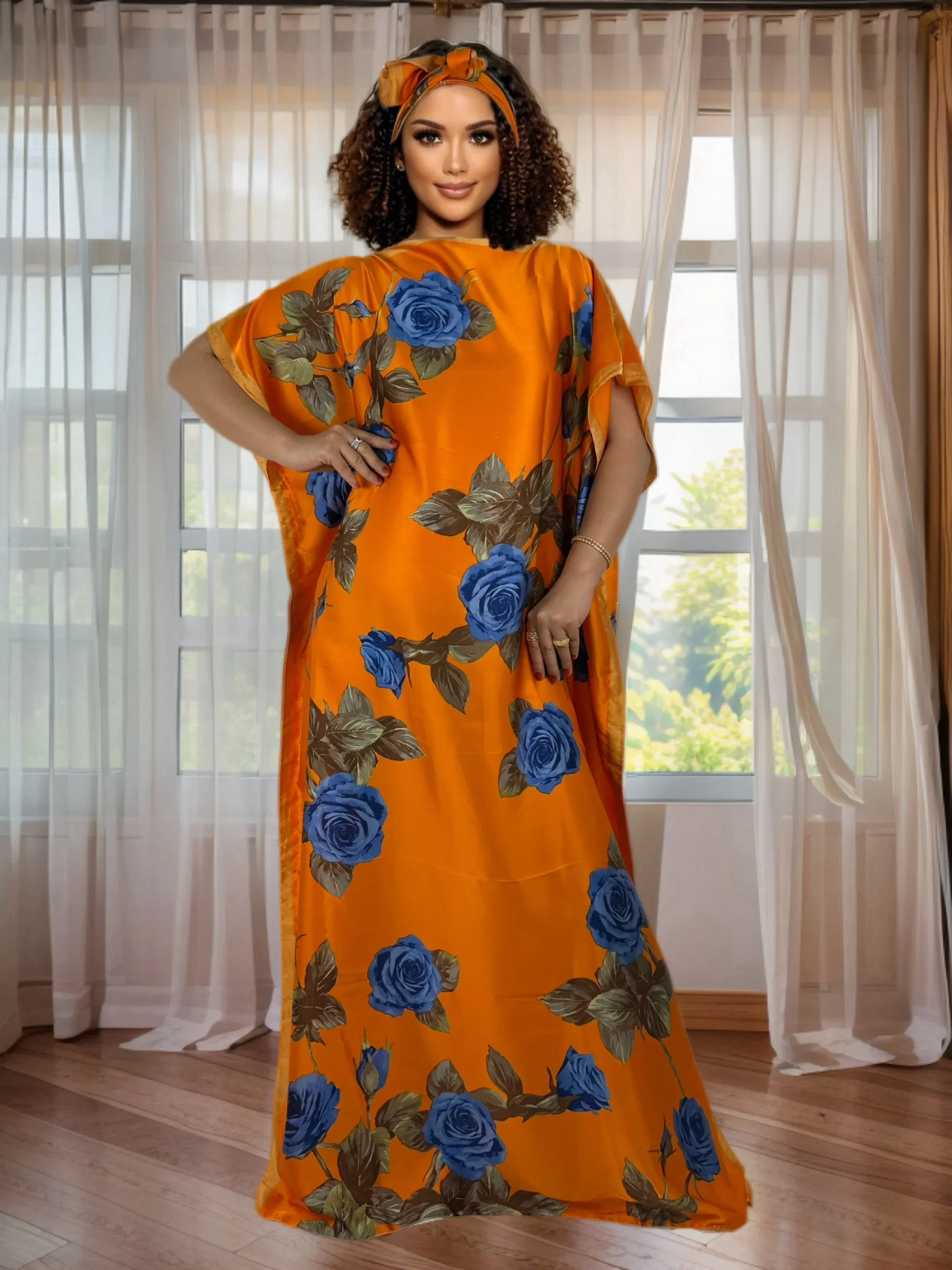 

Women's Floral Print Wedding Guest Dress Loose Fit Round Neck Batwing Sleeve Maxi Evening Chiffon Dress