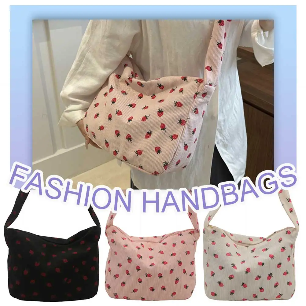

Women Corduroy Shoulder Bag Cute Strawberry Crossbody Bag with Zipper Hobo Purse Satchel Bag for Shopping Dating