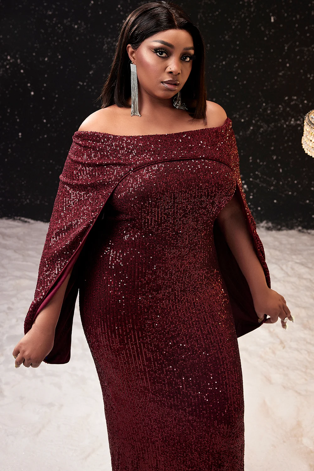 Plus Size Women Long Dress Prom Evening Dress Burgundy Off Shoulder Sequin Bodycon Long Mermaid Maxi Dress Vestido largo