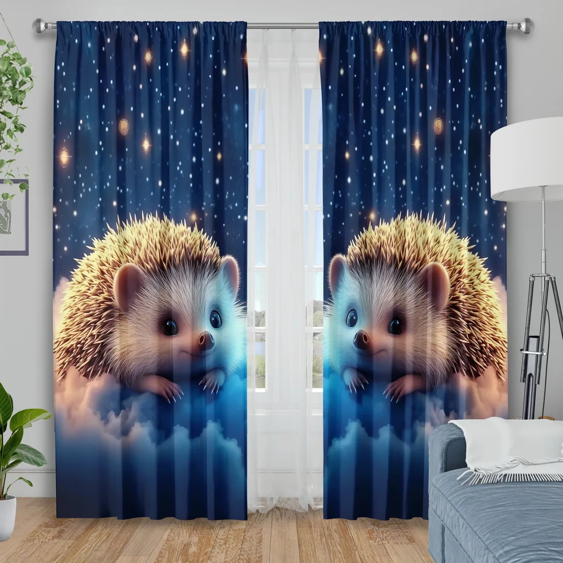 2pcs Hedgehog Cloud Starry Sky Curtains Blackout Drapes for Kids Room Cute Animal Decor Dreamy Night Print WindowTreatmentPanels