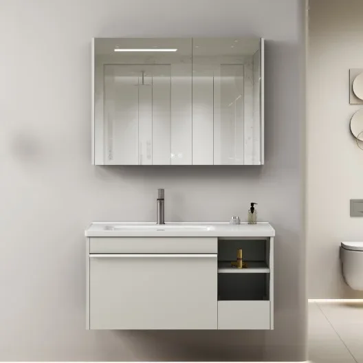 Planche de sensation de peau multicouche, meuble de salle de bain en bois massif, miroir intelligent léger, lavabo en céramique d'hôtel, poignée en acrylique, salle de bain