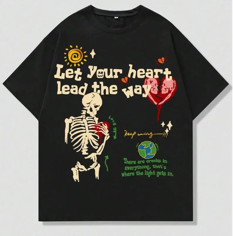 

Let Your Heart Lead Tee | Men's Skull & Slogan Print T-Shirt | Edgy Skeleton Graphic Streetwear