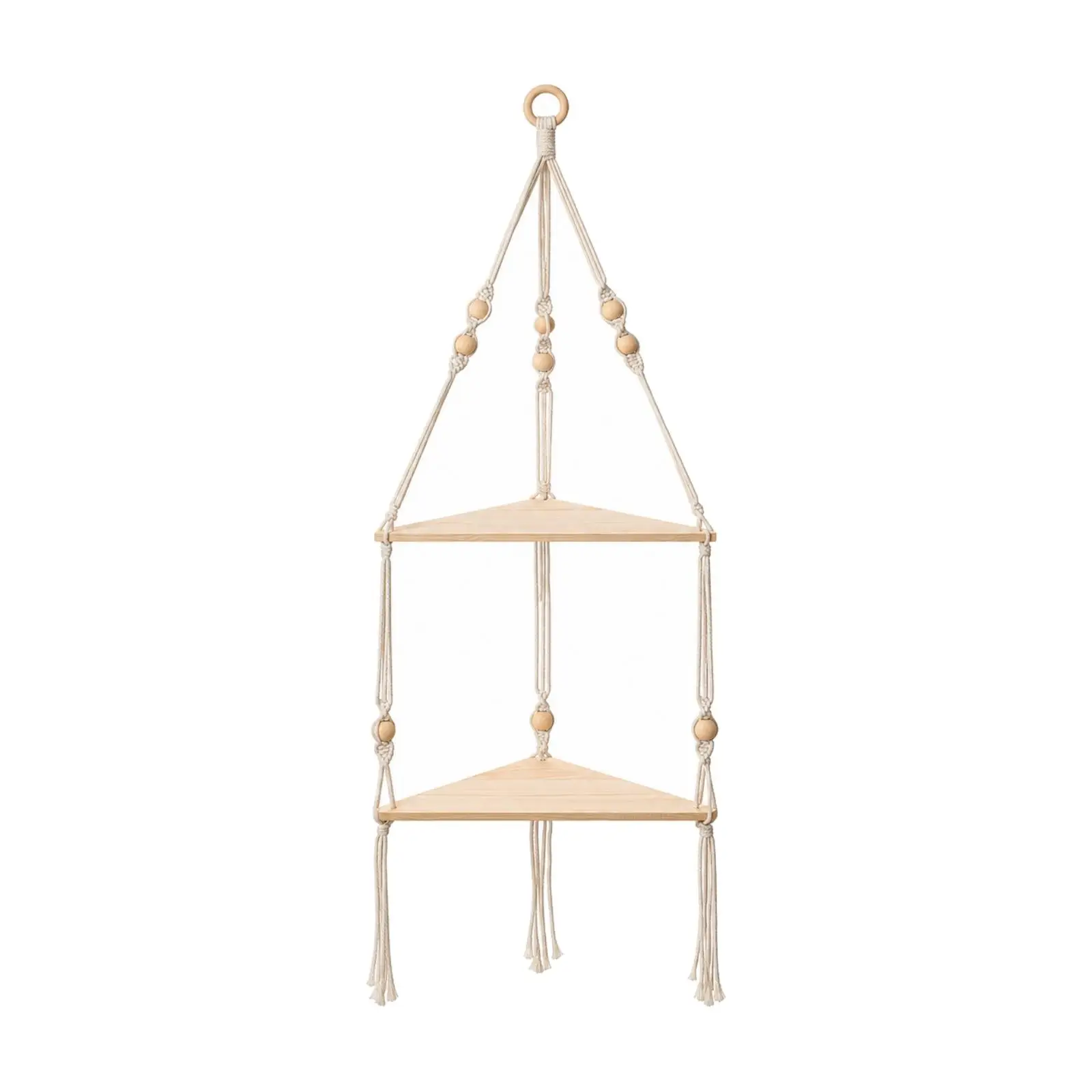Triangular Hanging Storage Shelf Wood Two-Tier Rope Hanging Shelf Suspended for Home Decoration, Living Room, Entryway