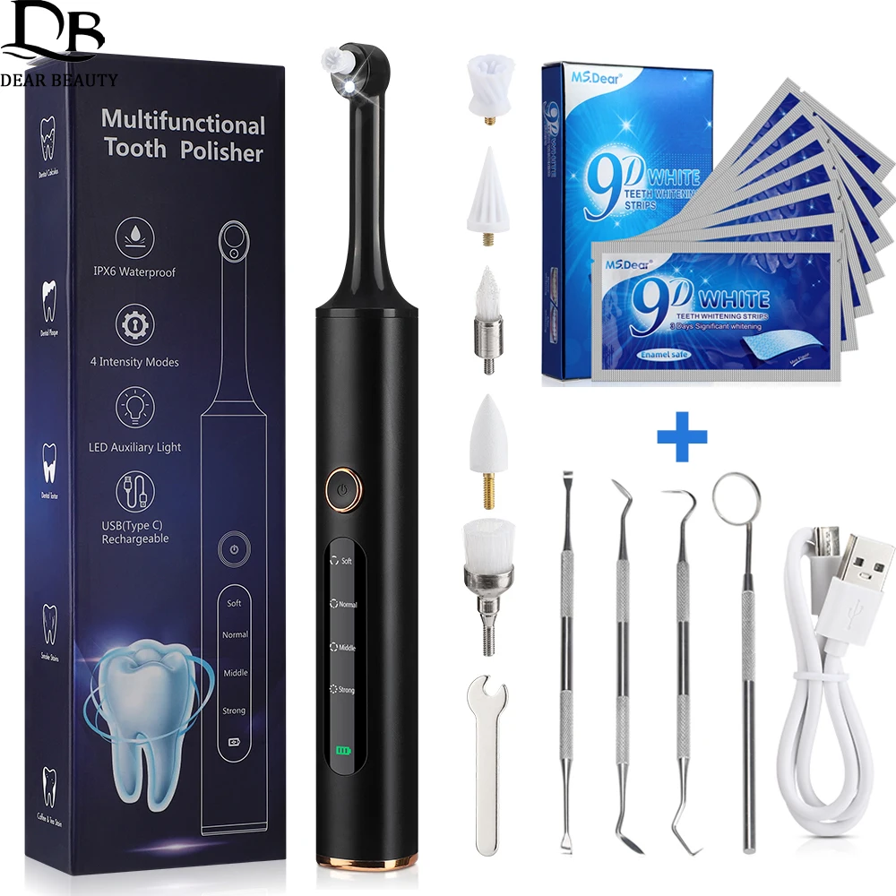 Dente elétrico Polisher Kit, Dentes Branqueamento Tiras, Cálculo Placa, Removedor de Tártaro, Dental Scaler, Máquina De Limpeza Oral, 4 Modos