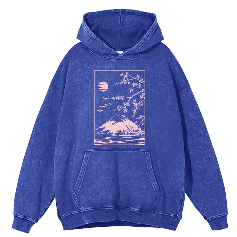 Beautiful Scenery Print Male Washed Sweatshirt Distressed Cotton Hooded Fashion Comfortable Loose Hoodies Vintage Crew Neck Top