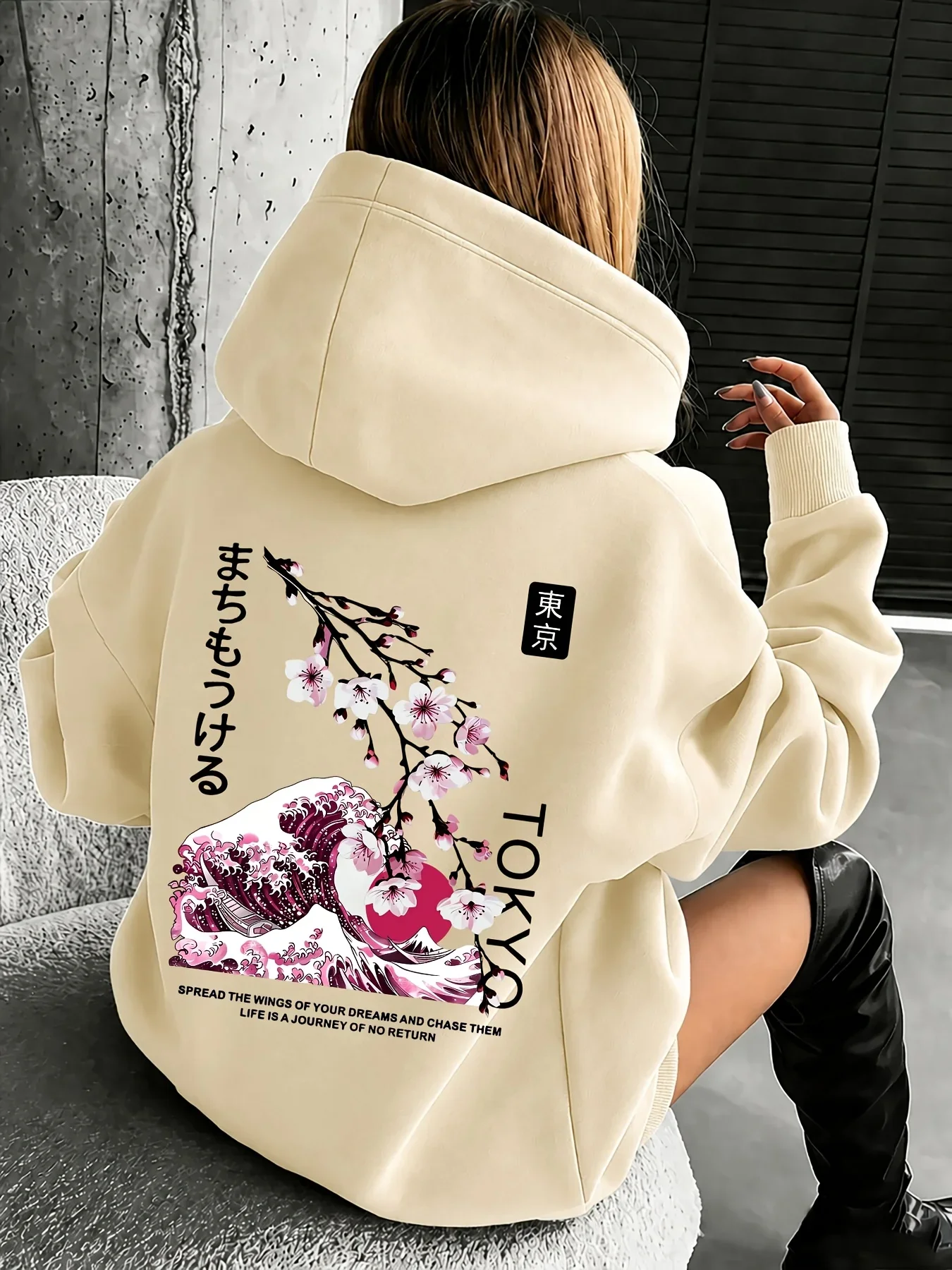 Unisex Tokyo-style Cherry Blossom Hoodie Featuring a Cherry Blossom Pattern from The Great Wave Off Kanagawa on the Back
