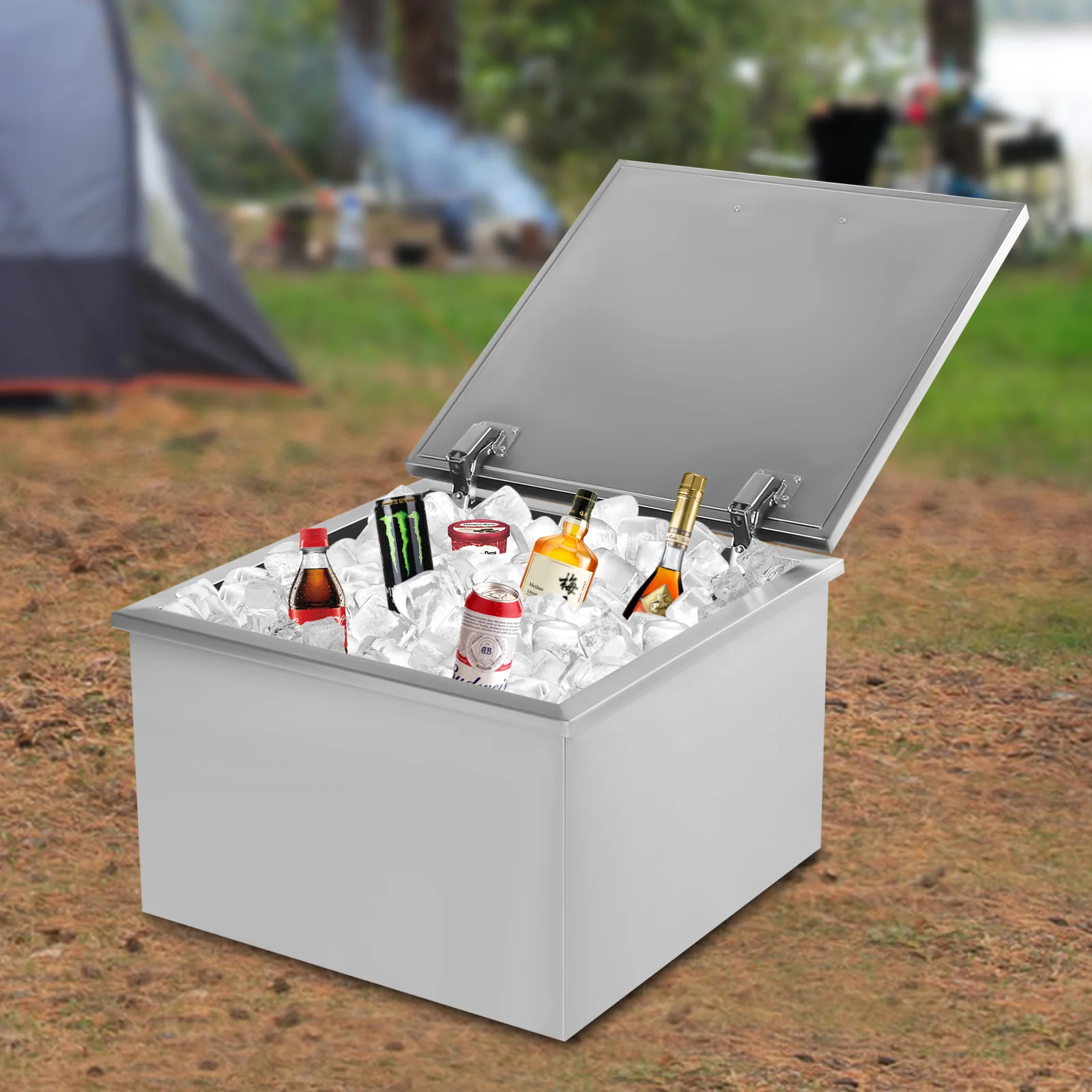 Drop in Ice Chest 20''L x 20''W x 13''H Drop in Cooler Stainless Steel with Hinged Cover Bar Ice Bin 50L/52.8Qt Drain-Pipe